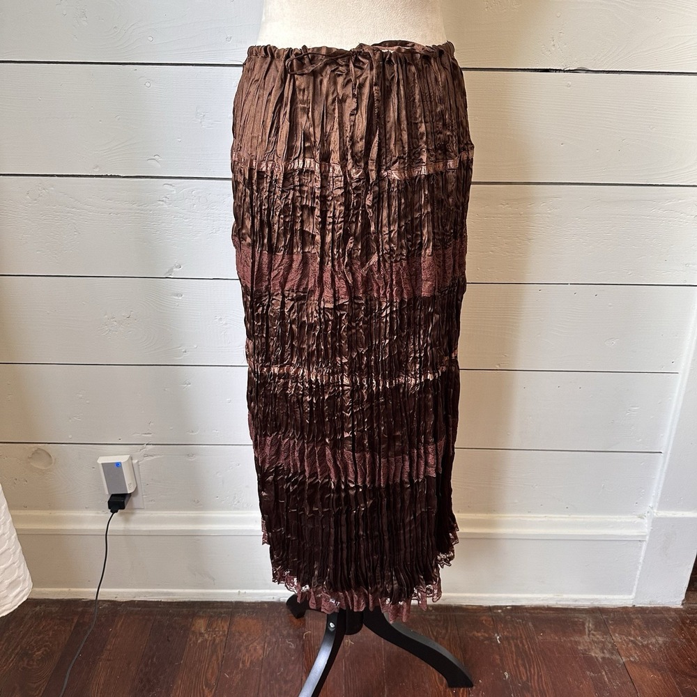 Fang Brown Satin‎ Lace Broomstick Crinkle Midi Skirt XL Fairy Witchy Whimsigoth